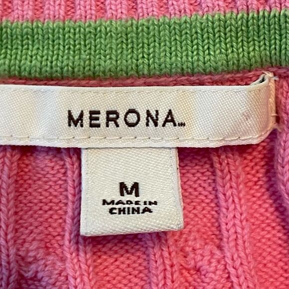 Vintage Merona Cable Knit Sweater Bright Pink Cotton Crewneck Long Sleeve M - Picture 3 of 5